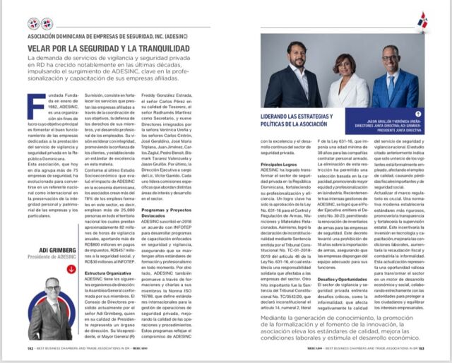 Desde ADESINC, nos sentimos honrados de ser partes en la primera edición del Libro “Best Chambers of Commerce and Trade Associations in Dominican Republic” publicado por la revista Mercado, donde se destacan las asociaciones y gremios tanto nacionales como internacionales más influyentes que operan en el país. Nuestra Junta Directiva estuvo representada por los Directores Jason Grullón y Verónica Batista, así como por nuestro presidente Adi Grimberg.